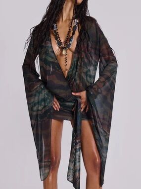 Jaded London Aria Mesh Plunge Mini Dress in Labyrinth